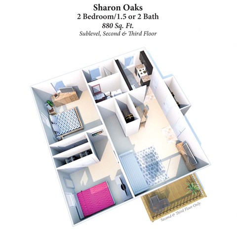 Floor plan for 2 beds, 2 baths, 880 sqft